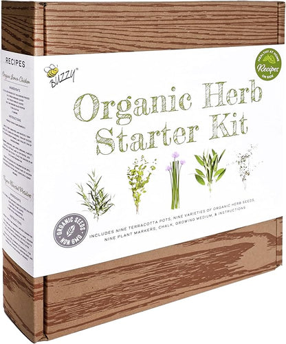 BUZZY Seeds 9 Pot Terracotta Grow Kit Organic Herb Seed Starter Set for Indoor Planting | Includes Seeds, Planting Pots, Soil and Plant Markers, Easy Gardening Gift, Kids Project, Gifts for Teachers