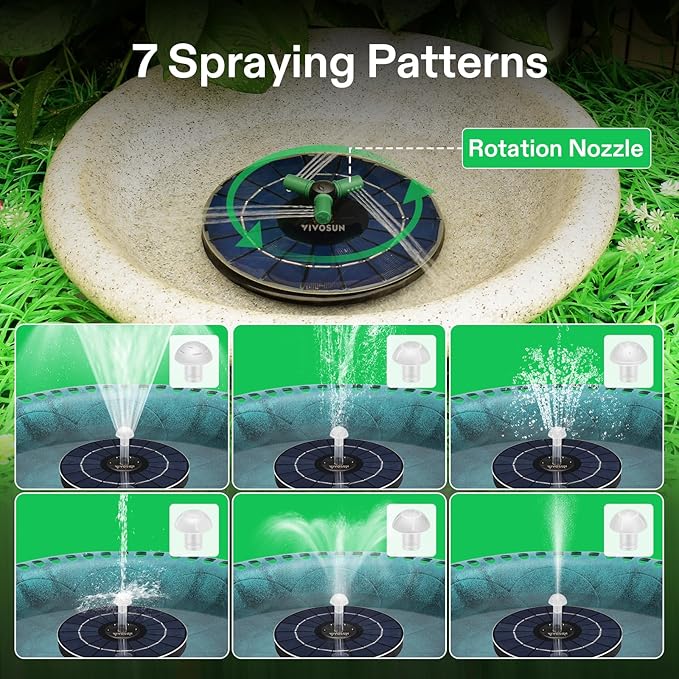 VIVOSUN Solar Fountain, 4W Solar Water Fountain with Upgraded Glass Panel, Built-in Battery, 7 Nozzles, Colored LED Lights, Outdoor Solar Fountain Pump for Bird Bath, Pond, Pool, Fish Tank, Garden