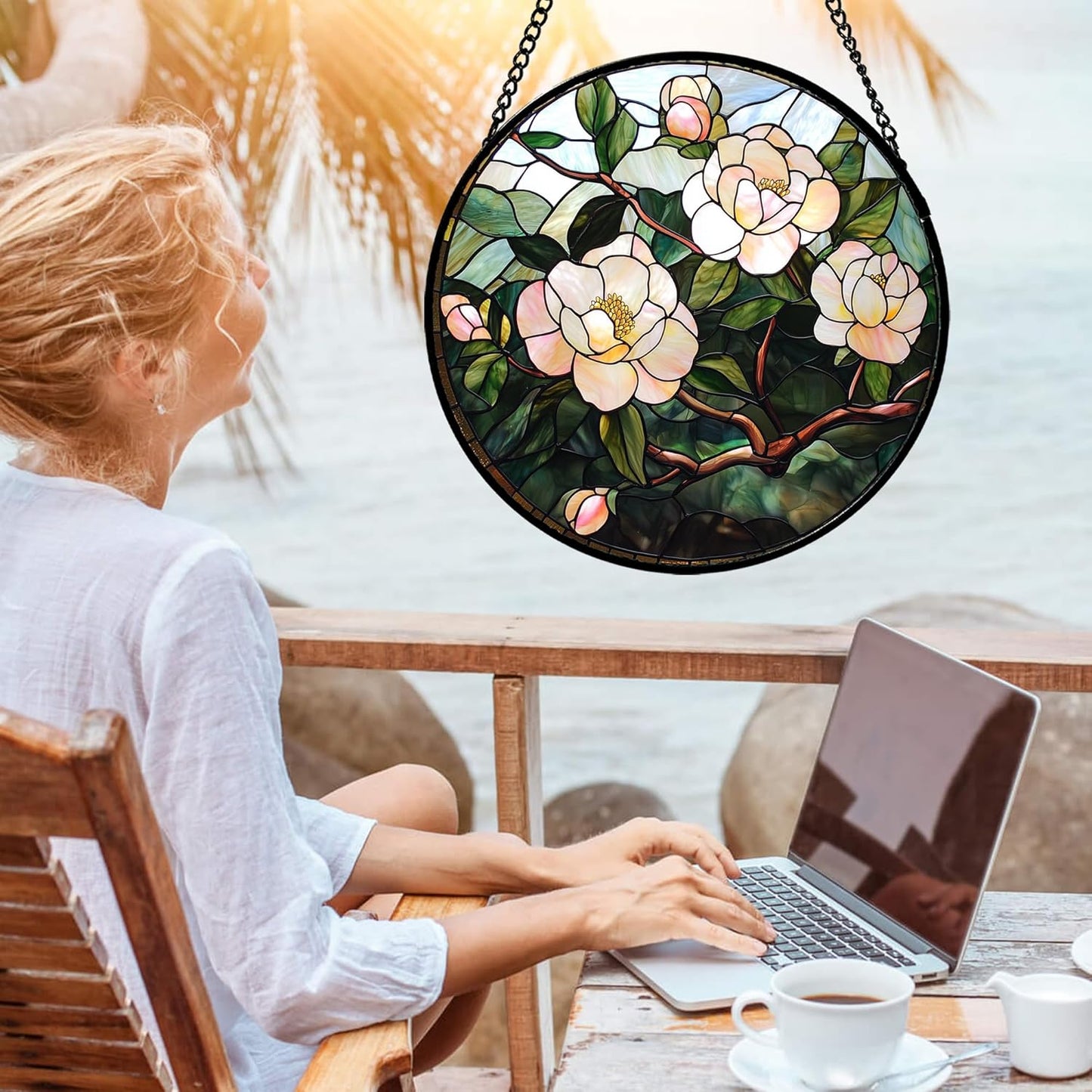 Stained Glass Suncatcher, Light Pink Flowers Green Leaf Sun Catcher Plant Stain Glass Window Hanging Decoration Mother's Day Birthday Gifts for Women Men Mom Nana 6.3 in