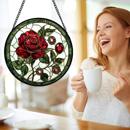 Stained Glass Window Hanging, Red Rose Gemstone Green Sun Catchers Diamond Glass Panel Hangings Suncatcher Decor for Birthday for Women, Men, Wife, Aunt, and Mom 14.9x14.9 in