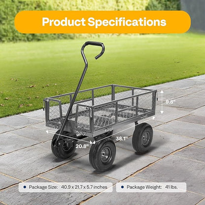 VIVOHOME Heavy Duty 880 Lbs Capacity Mesh Steel Garden Cart Folding Utility Wagon with Removable Sides and 4.10/3.50-4" Wheels 10 inch Tire (Grey)