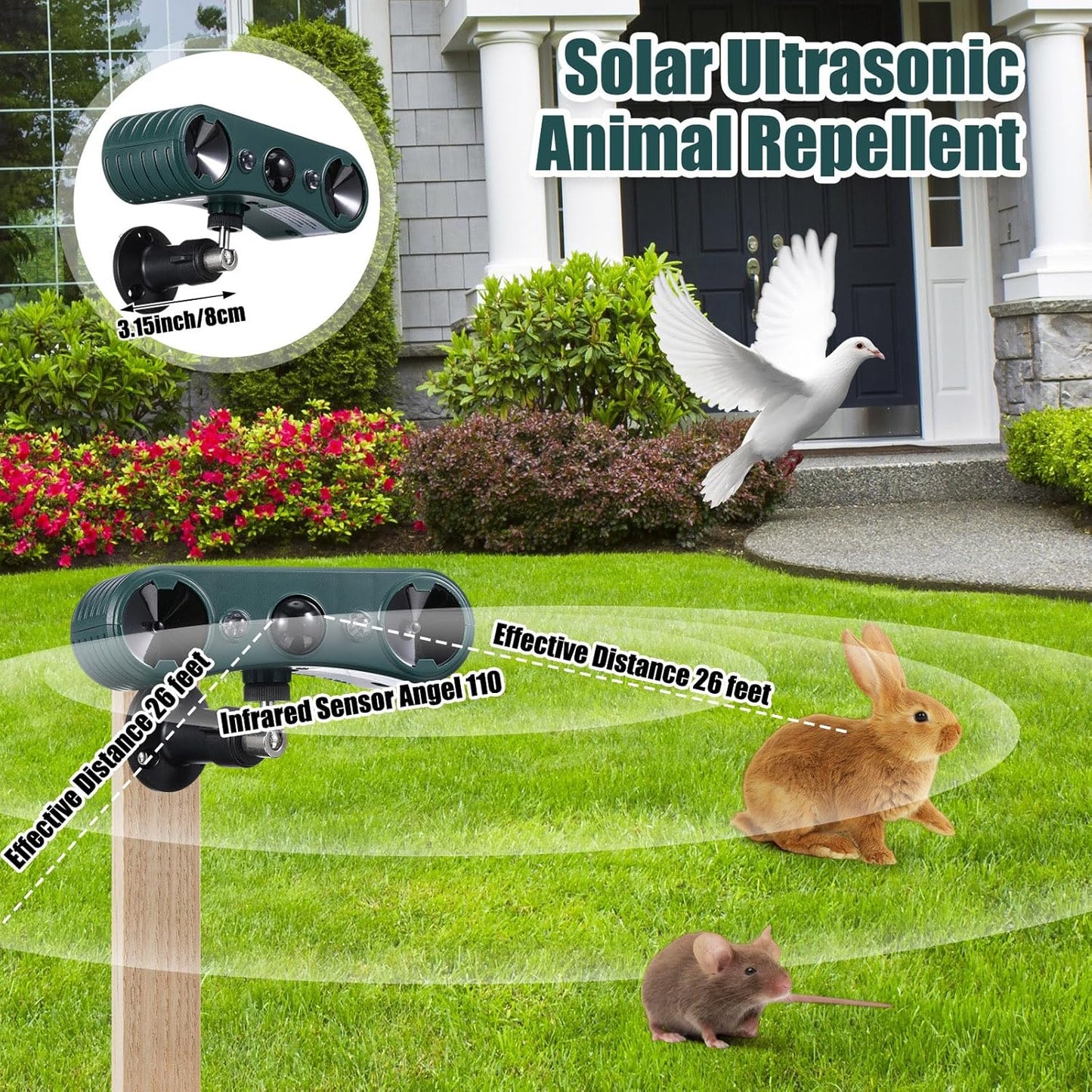 Qualirey 2 Pack Solar Ultrasonic Animal Repellent Outdoor Waterproof Nocturnal Animal Deterrent with Adjustable Motion Sensor Alarm Flashing Light Repel Raccoon Cat Dog Fox Deer for Yard Garden Lawn