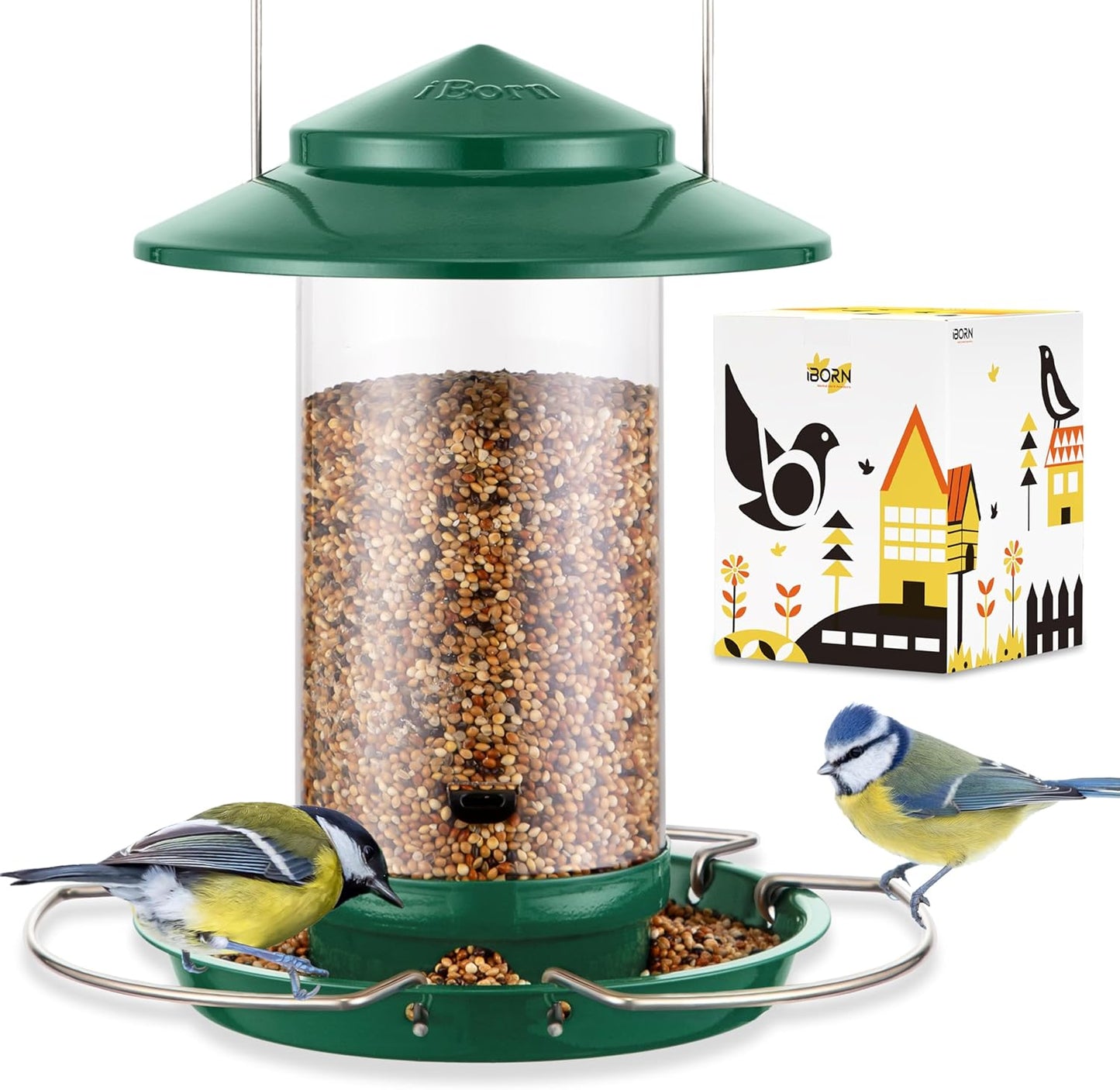 iBorn Bird Feeder Metal Squirrel Chew-Proof Bird Feeders for Outdoors Hanging for Cardinal Outside, Holds 1.5LB Seed with 3 Perchs, Green (Seed is not Included)