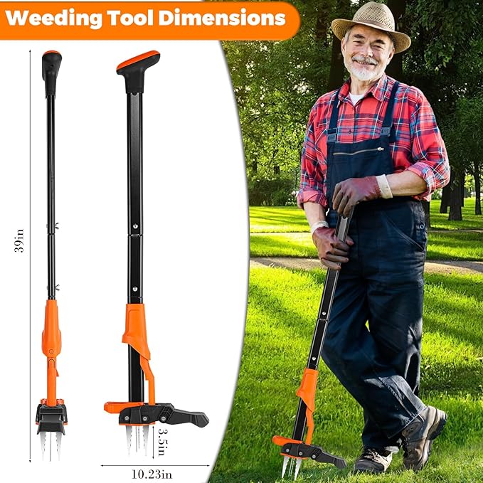 Weed Puller Tool, Stand Up Weed Puller Heavy Duty, Weeding Tool with 39" Ergonomic Long Handle and 4 Manganese Steel Claws, Easy Eject Mechanism, Weeding Without Bending, Pulling, or Kneeling