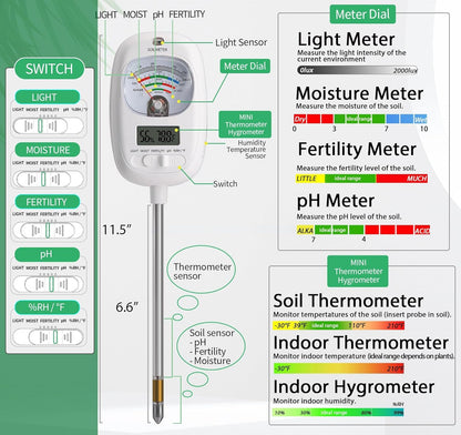 HSLGOVE Soil Test Kit, 7-in-One Soil Moisture Meter/Soil PH Meter/Fertility, Dual Screen Soil Tester w/Digital Soil Temp/Air Temp&Humidity for Plants Gardening,Lawn,Farm Indoor&Outdoor-PureWhite