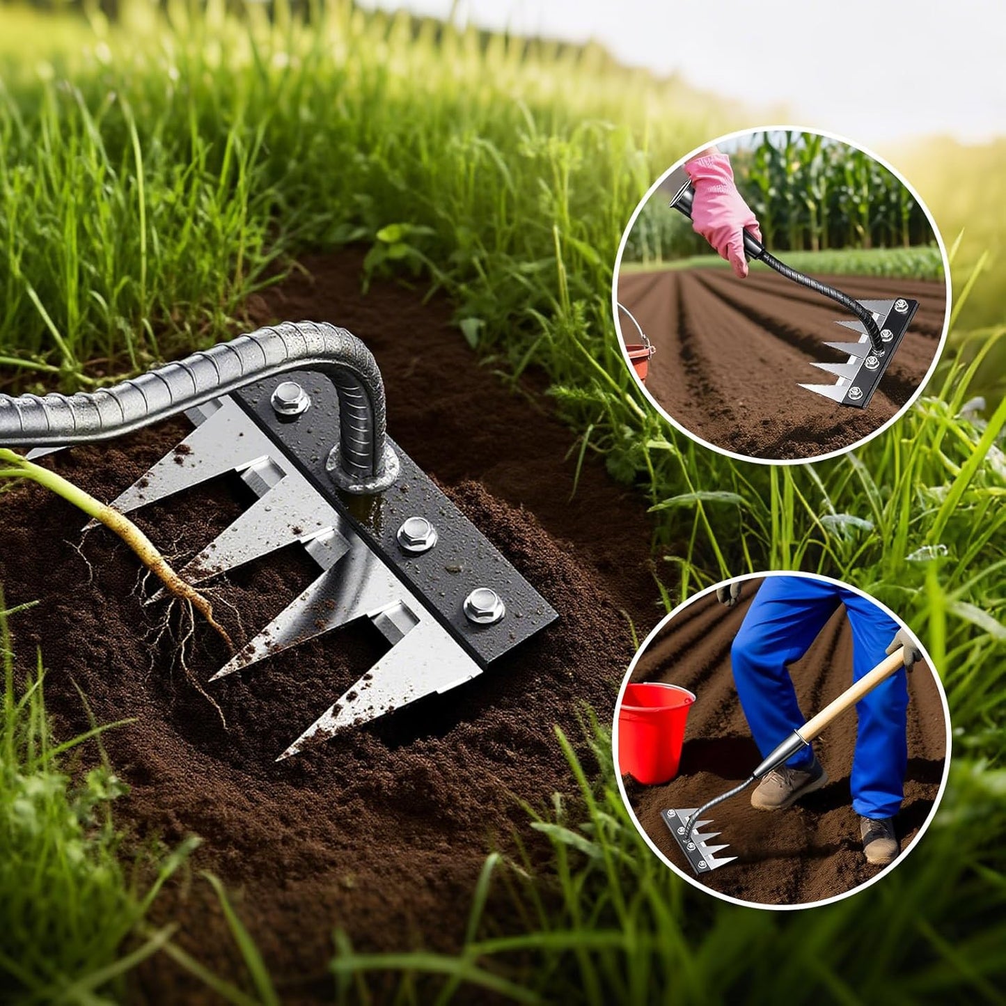 Iron Weeding Rake, 5-Teeth Detachable Gardening Hand Weeder Tool with Ergonomic Grip, Heavy-Duty Hand Weeder Puller Tool for Yard & Lawn & Flowerbeds