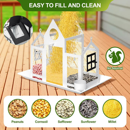 Solar Bird Feeders House for Outdoors Hanging, 7LBS Large Capacity Metal Wild Bird Feeder Squirrel Proof for Outside with Water Cup, Cardinal Birdfeeder Birdhouses Gift for Bird Lovers