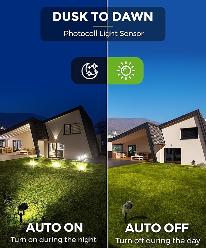 LOHAS 10W Dusk to Dawn Outdoor Lighting, Auto On/Off 3000K Landscape Spot Lights Outdoor, IP66 Waterproof Spot Lights for Yard, Garden, House, Pathway, Plant, UL Listed (2 Pack)