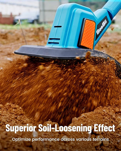 SEESII Electric Tiller for Gardening 300 RPM Rototiller Cordless Cultivator Total 8000mAh Battery Powered Garden Tiller 4 Pcs Blades for Smooth Tilling&Cleaning, Handheld Tiller for Raised Garden Beds