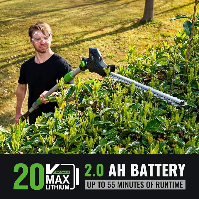 Pole Hedge Trimmer Cordless 20V with Battery Powered 20-Inch Electric Hedge Trimmers 10-FT Reach with Extension Pole Multiple Angles for Shrubs Pruning Bush Trimmer
