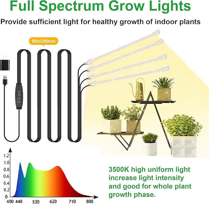 13 Inches Plant Growing lamp Strips, Full Spectrum LED 3500K Grow Light for Indoor Plants with 3/9/12H Timer and 10 Dimmable Levels for Green House Hydroponics Succulent and Shelf，4 Head 2 Pack