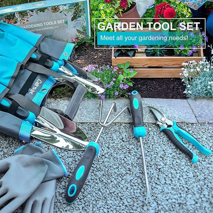 Gardening Tools, Carsolt 10 Piece Heavy Duty Stainless Steel Garden Tools Set with Ergonomic Rubber Handle. Variety of Gardening Hand Tools with Gift Box Ideal Garden Gifts for Women