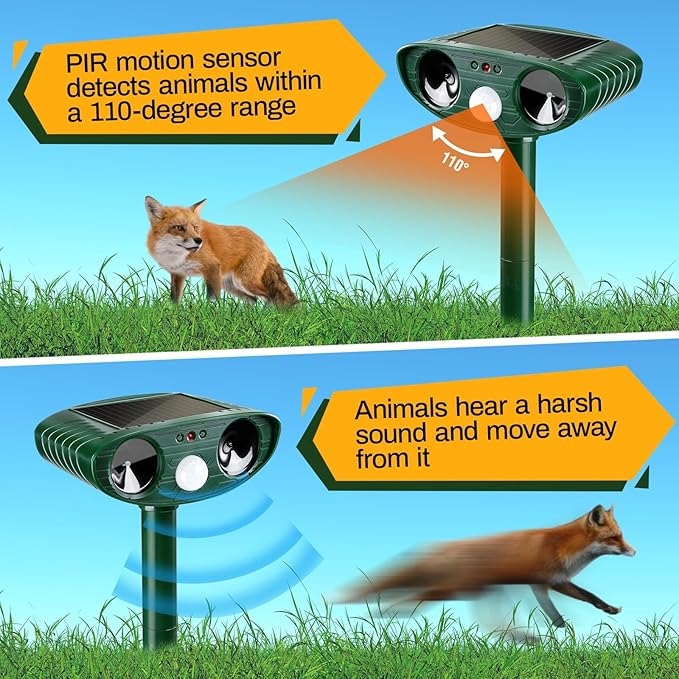 4 Pack Ultrasonic Animal Repellent Outdoor Deer Repellent Devices Ainimal Deer Cat Deterrent with Motion Sensor to Repel Squirrel Dog Rabbit Raccoon Repellent for Yard Garden