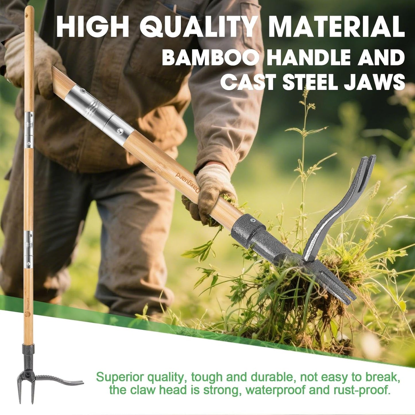 Weed Puller-Stand Up Weed Puller Tool,Adjustable 44-31.5" Bamboo Handle with Heavy Duty 4-Claw Cast Steel Head - Foot Step Design, No Bending Required - Garden & Yard Weeder