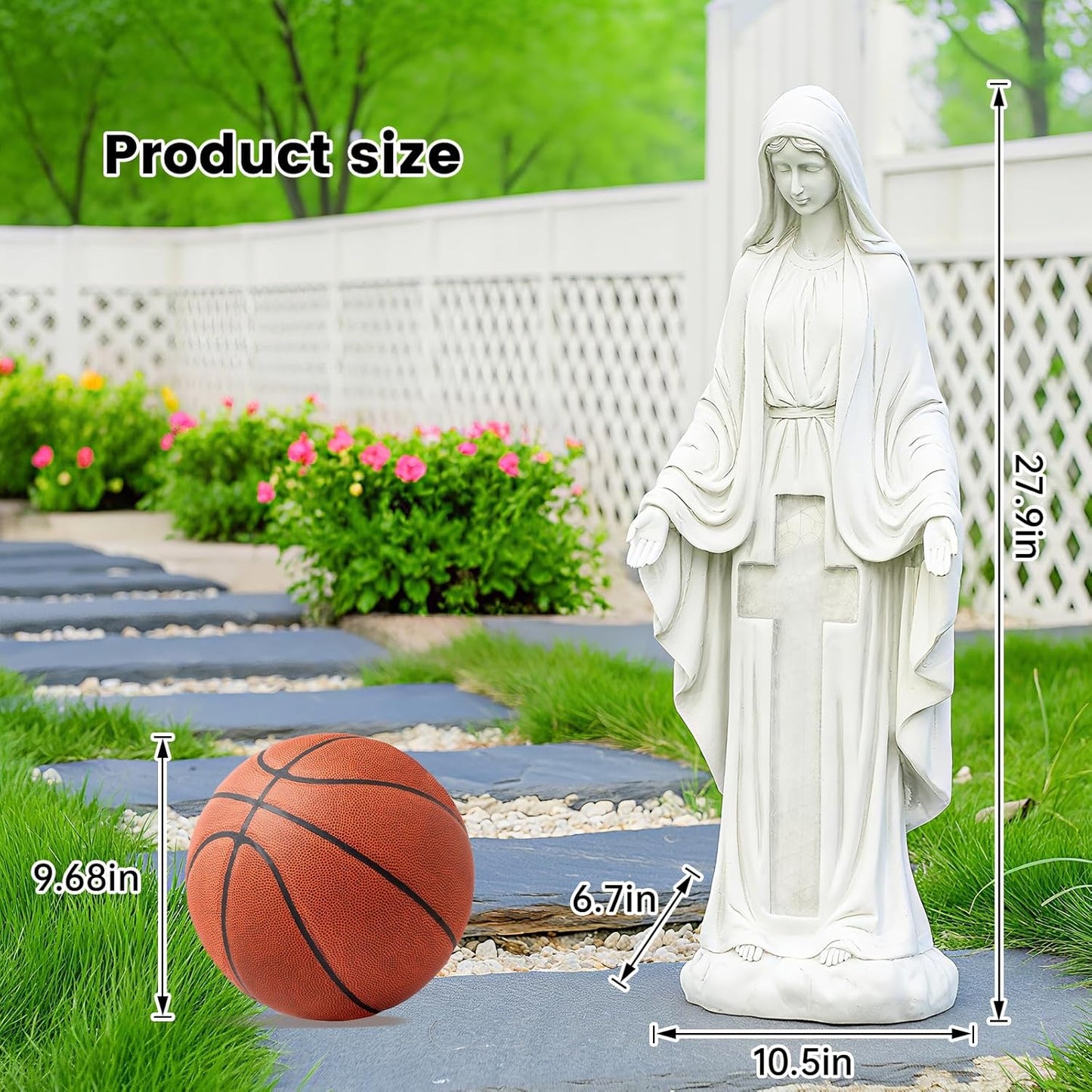 Solar Virgin Mary Praying Statue 27.9 Inch- Outdoor Religious Garden Decor with LED Lights, Weather-Resistant Magnesium Oxide Sculpture for Yard, Patio, Entryway （White Solar Virgin Mary）