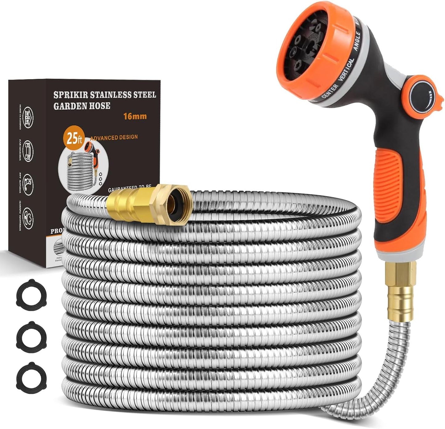 Metal Garden Hose 25ft Copper Bullet, Heavy Duty Stainless Steel Water Hose with 10 Function Sprayer Nozzle, Leaf-Proof Kink Free Lightweight for Outdoor,Yard,Lawn,Patio, Car