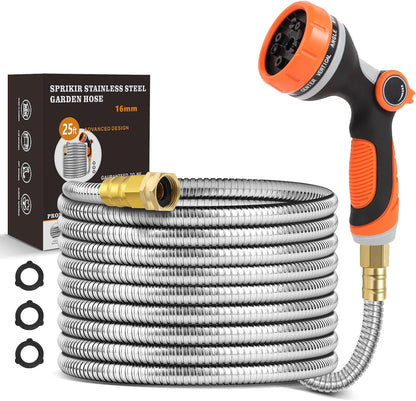 Metal Garden Hose 25ft Copper Bullet, Heavy Duty Stainless Steel Water Hose with 10 Function Sprayer Nozzle, Leaf-Proof Kink Free Lightweight for Outdoor,Yard,Lawn,Patio, Car