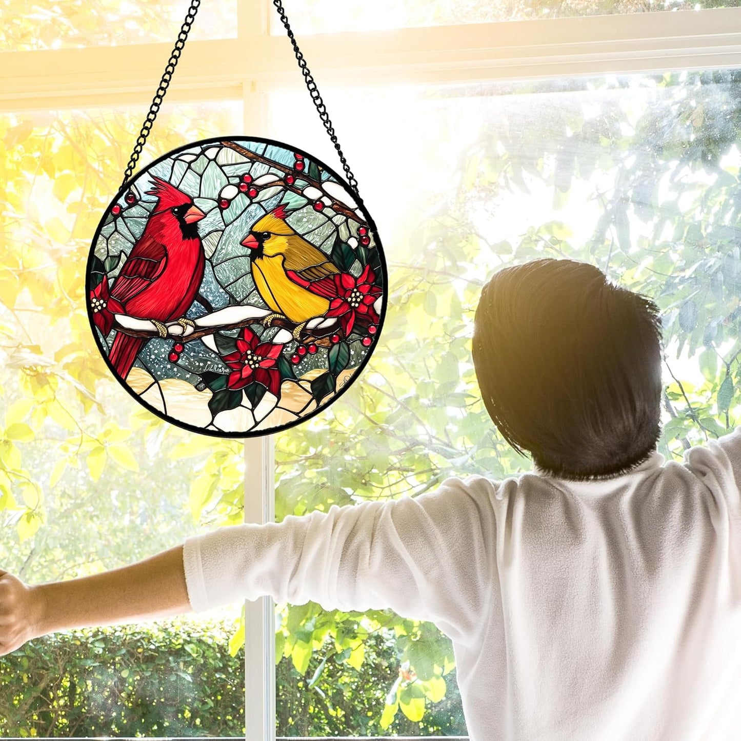 Stained Glass Window Hanging, Love Birds Cardinals Sun Catchers Colorful Glass Panel Birds Suncatcher Decor for Birthday for Women, Men, Wife, Lovers, and Mom 11.8x11.8 in