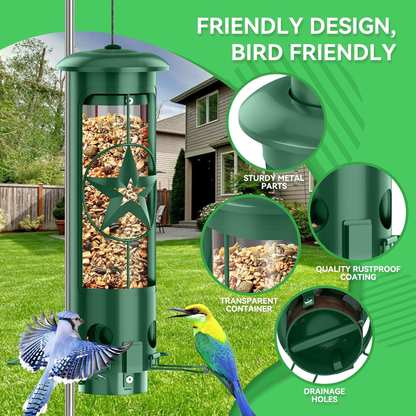 Squirrel Proof Bird Feeders for Outdoors Hanging, Metal Squirrel Proof Bird Feeder with Gravity Protection, 3LB Large Capacity Wild Bird Feeders for Outside Finch, Cardinal, Blue Jay (Green)