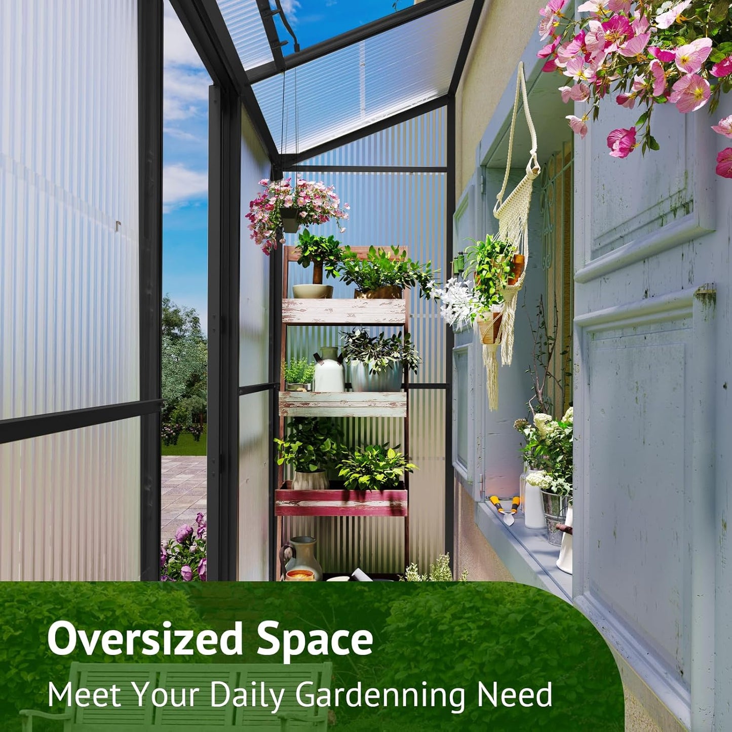 6x2ft Lean-to Polycarbonate Greenhouse, Small Walk-in Green House, with Adjustable Roof Vent, Rain Gutter and Sliding Door, Outdoor Greenhouse for Terrace, Backyard Black