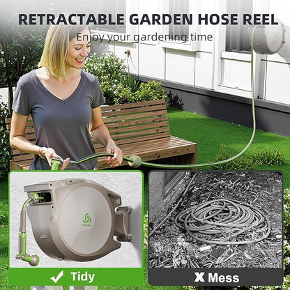 PINWHEEL 5/8in 75FT Retractable Garden Hose Reel, Automatic Retractable Hose with 10-Pattern Spray Nozzle, 180° Swivel Bracket, 3-Layer PVC Durable Water Hose for Yard Lawn Care