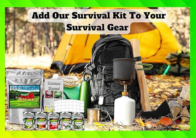 B&KM Farms 30,000+ Survival Seed Kit 5+ Year Supply. 50 Fruit & Vegetable Non-GMO Heirloom Seeds for Planting a Home Garden. Secure Emergency Weather-Proof Package(1, Large)