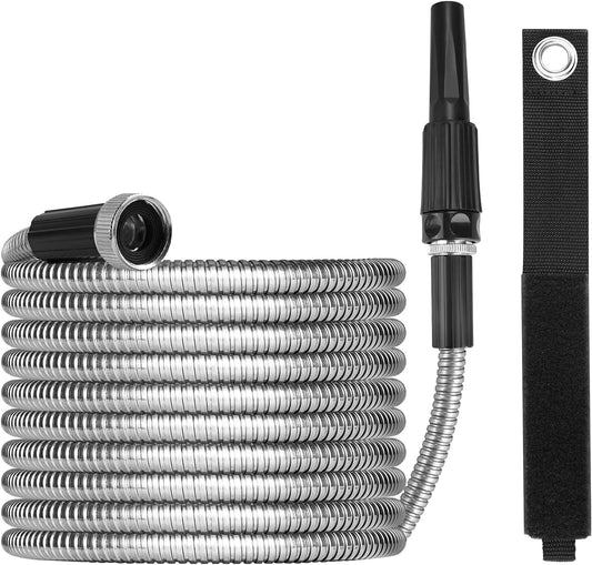 Metal Garden Hose 50ft with Super Tough and Soft Water Hose, Household Stainless Steel Hose, Durable Mighty Garden Hose with Adjustable Nozzle, No Kinks and Tangles, Easy to Store with Storage Strap
