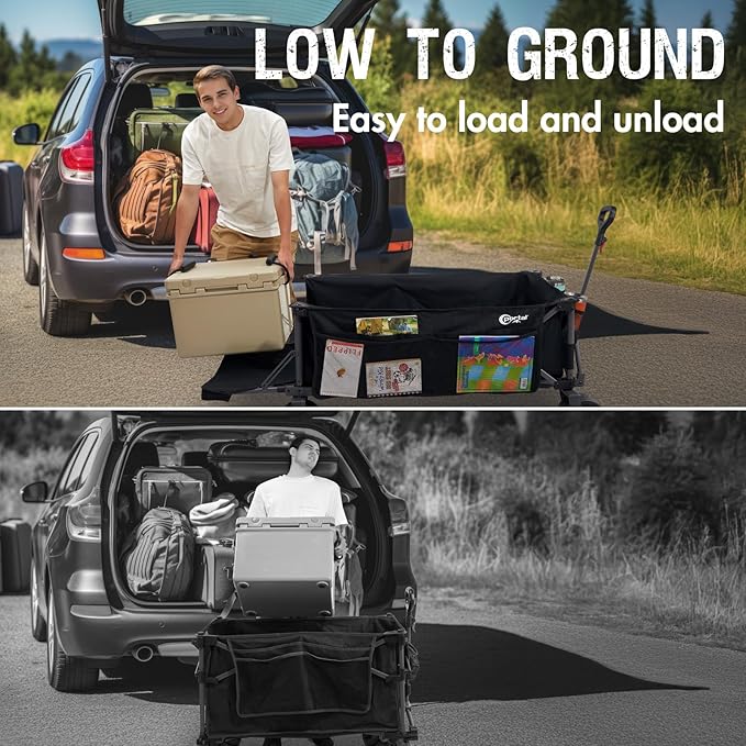 Portal 26" Extra Wide 55" Long Foldable Wagon with Tailgate, Large 600L Collapsible Wagon with Cargo Net, 500 LBs Heavy Duty Utility Cart with Big All-Terrain Wheels for Beach, Camping, Sports, Dogs