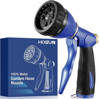 HOSUN Garden Hose Sprayer Nozzle 100% Heavy Duty Metal, Water Hose Nozzle with 8 Different Spray Patterns, High Pressure Hose Spray Nozzle for Watering Plant & Lawn, Washing Car & Pet Blue