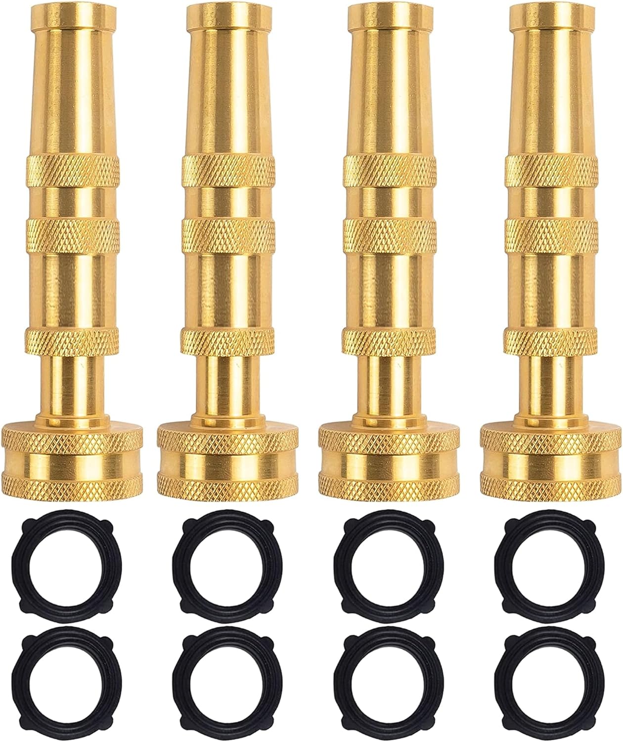 Hourleey Adjustable Twist Hose Nozzle, 4" Heavy-Duty Brass Hose Nozzle with 8 Garden Hose Rubber Washers (4 Pack)