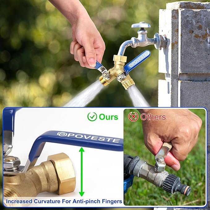 2 Way Brass Garden Hose Splitter Heavy Duty, Full Flow Y Valve Water Hose Splitter With Anti-Pinch Finger Long Raised Handle, 3/4" GHT Thread Water Tap for Gardening