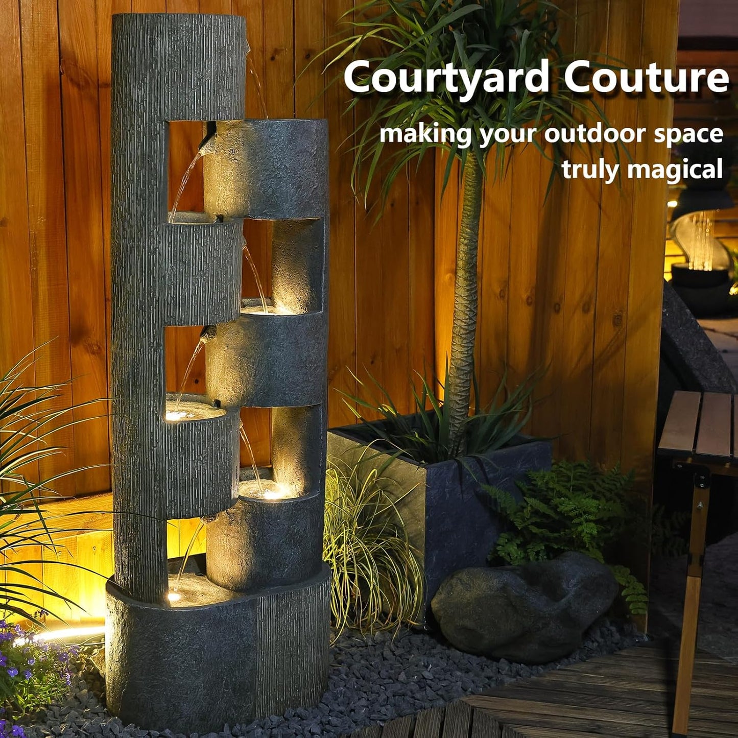 51" Outdoor Water Fountain Uneven Cylinders Waterfalls Fountain Floor Standing Water Fountains with LED Lights, Pump, Natural Stones for Garden, Living Room, Patio