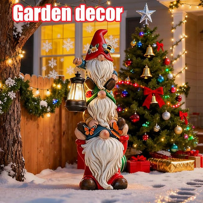Christmas Garden Gnome Statue with Solar Lights Garden Sculptures Funny Triple Gnome Outdoor Patio Lawn Yard Balcony Home Decor Birthday Gifts for Women Mom Grandma 12 in Thanksgiving Gnome