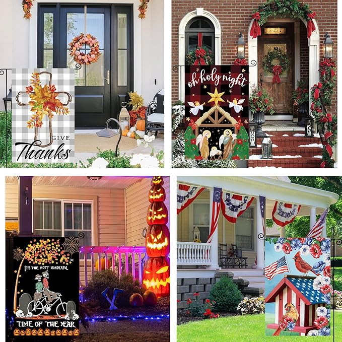 Seasonal Garden Flag Set of 12 Double Sided 12 x 18 Inch Yard Flag, Small Garden Flags for Outside, Christmas Flag, Halloween, Fall Winter Outdoor Flag, Holiday Garden Decorations for All Seasons