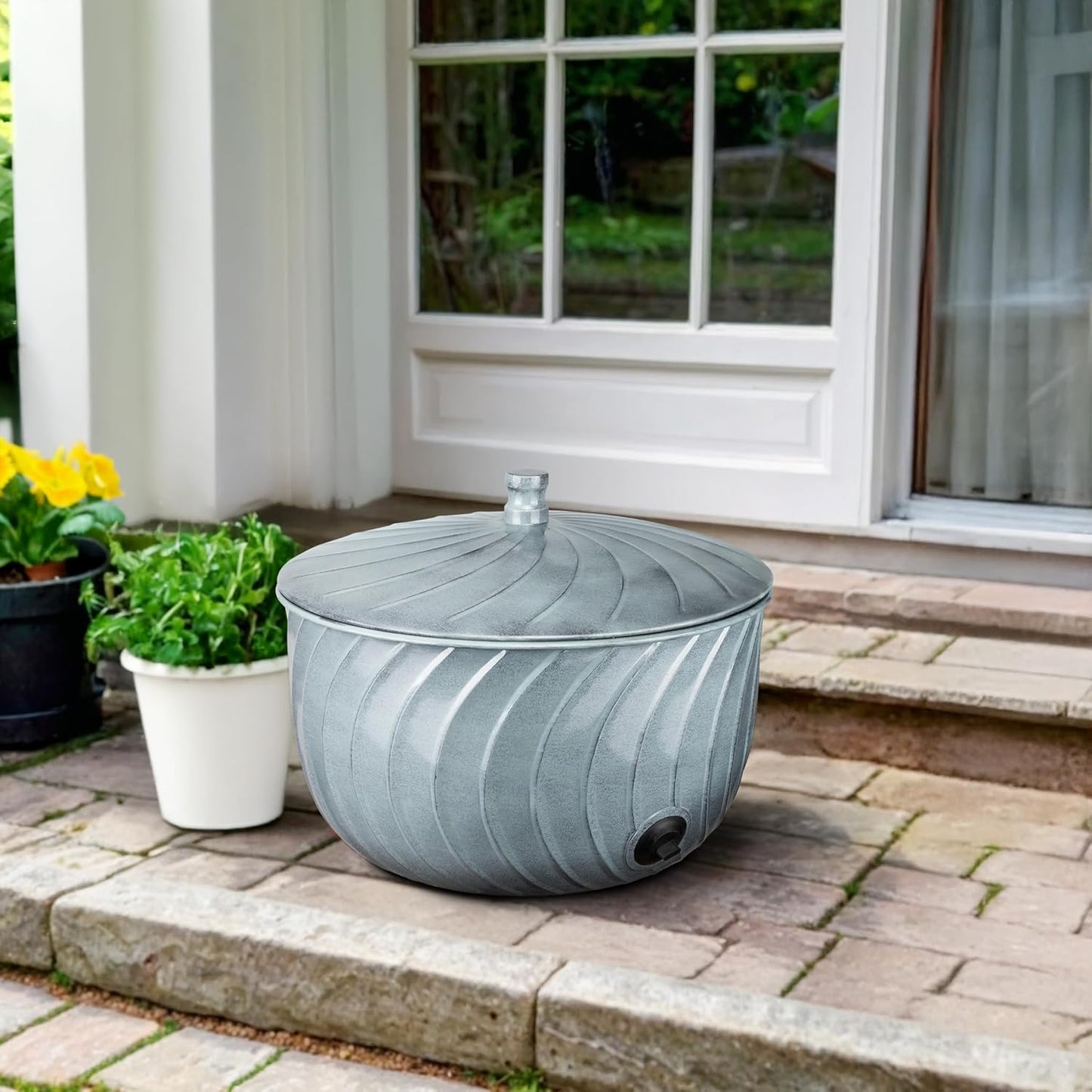 Monarch Abode Decorative Garden Hose Holder with Lid, Patina Storage for Outdoor Use, 100 ft Water Hose Pot for Outside, Wave Embossed Metal Pot with Drainage, Garden Storage Organizer