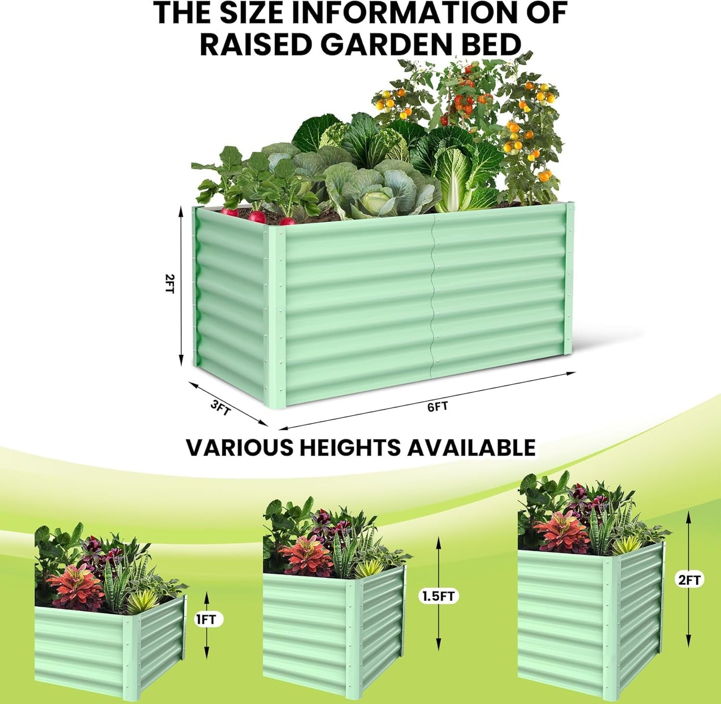 Galvanized Raised Garden Bed, 2 Pcs 6x3x2FT Outdoor Outdoor Planter Boxes with Open Base with Safety Edge and Glove, Elevated Rectangular Planting Bed for Vegetables Flowers Ground Planter, Green