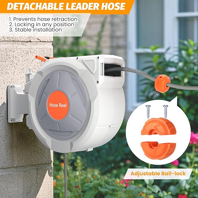 GarveeLife Retractable Garden Hose Reel 5/8 in x 65 Ft, Wall Mounted Garden Hose Reel, with 9 Function Sprayer Nozzle, Any Length Lock, Lock/Automatic Slow Return System, 180° Swivel Bracket(Grey)