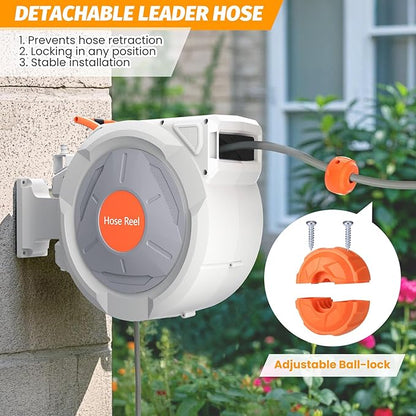 GarveeLife Retractable Garden Hose Reel 5/8 in x 65 Ft, Wall Mounted Garden Hose Reel, with 9 Function Sprayer Nozzle, Any Length Lock, Lock/Automatic Slow Return System, 180° Swivel Bracket(Grey)