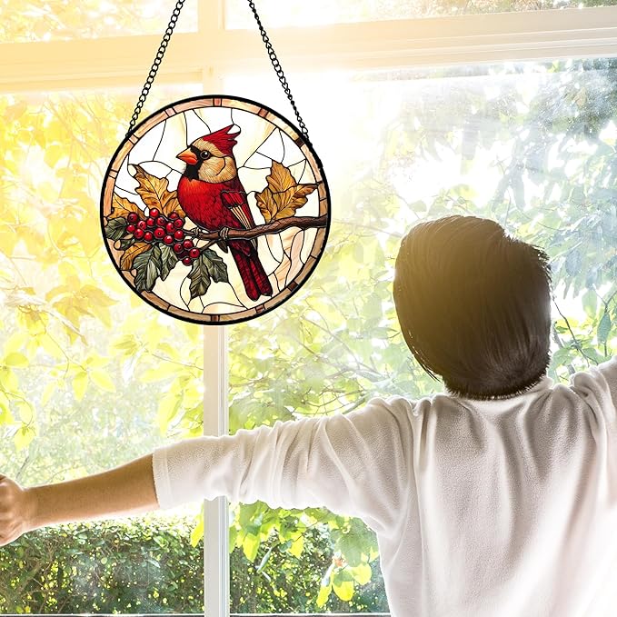 Stained Glass Window Hanging, Birds on a Branch Cardinal Sun Catchers Diamond Glass Panel Hangings Suncatcher Decor for Birthday for Women, Men, Wife, Aunt,and Mom 7.8X7.8IN