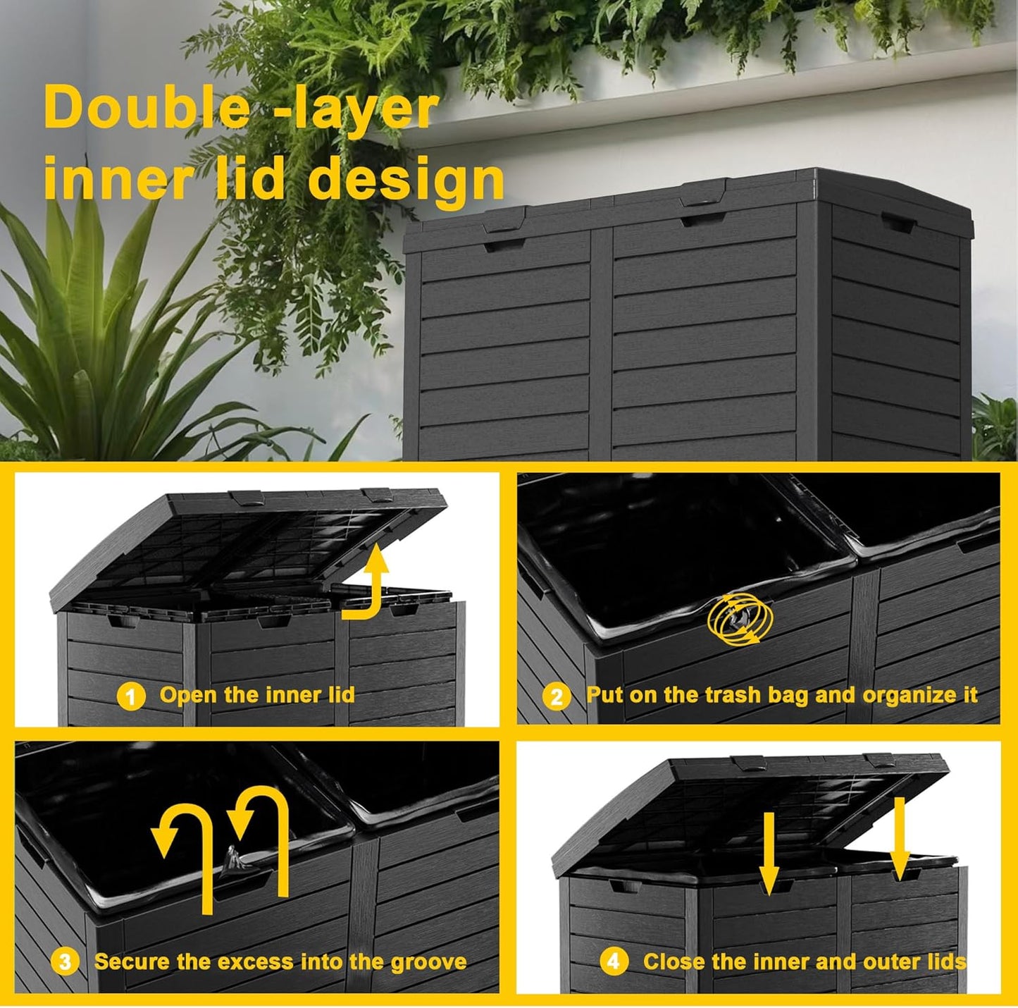 Outdoor Trash Can with lid, Waterproof, UV-Resistant Resin Garbage Can, Lockable Lid and Drip Tray, Animal-Proof, for Patio, Kitchen, Backyard and Deck (Black, 62 Gallon)