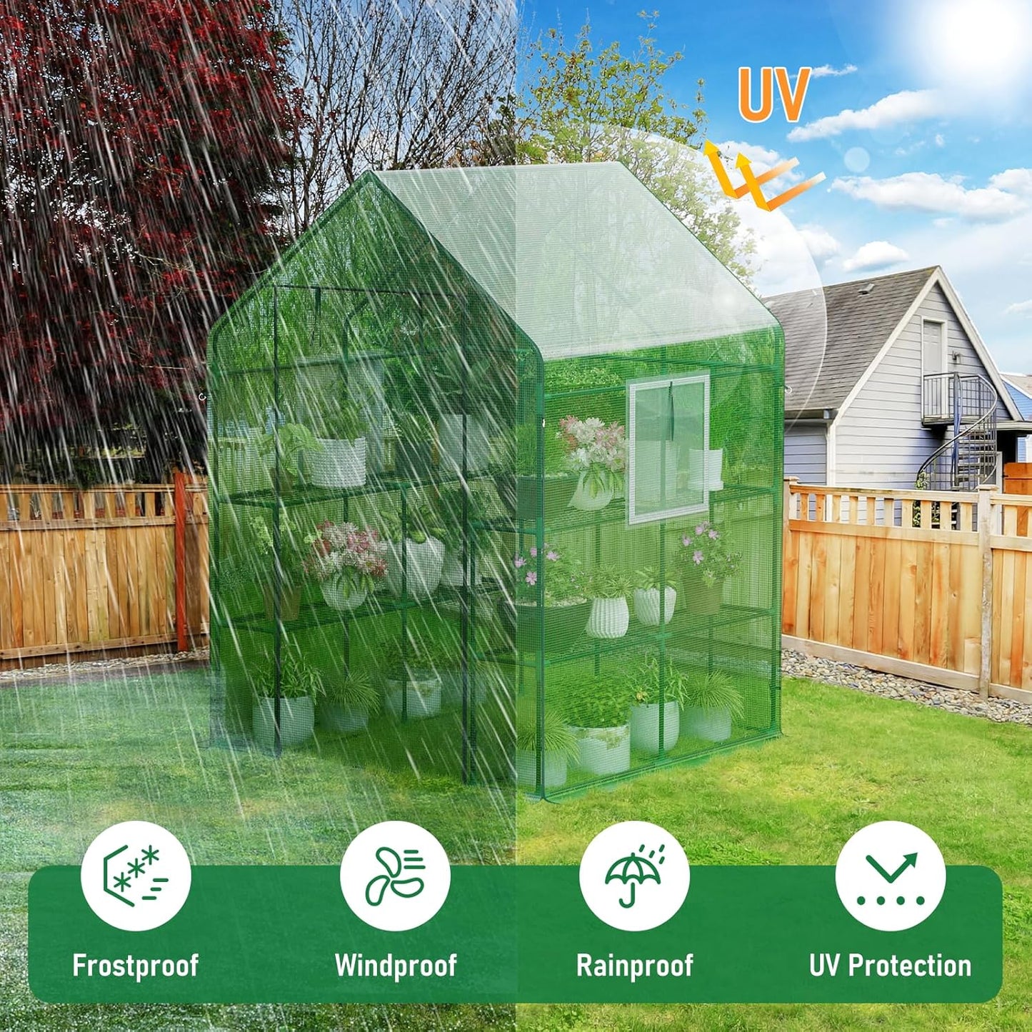 56×56×78Inch Walk-in Greenhouse for Outdoors with Screen Windows, Heavy Duty Small Plant House with Thicken PE Cover and Steel Shelves, Portable Green House for Outside Garden Winter, Green
