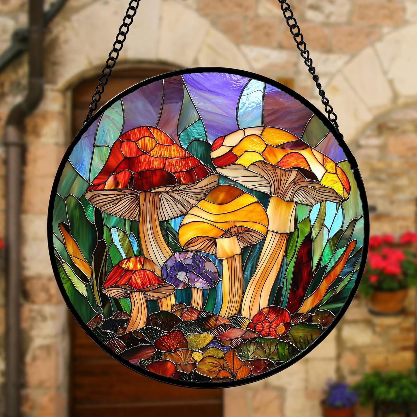 Stained Glass Window Hanging, Jungle Mushrooms Sun Catchers Diamond Glass Panel Hangings Plant Suncatcher Decor for Birthday for Women, Men, Wife, Aunt, and Mom 9.8 in