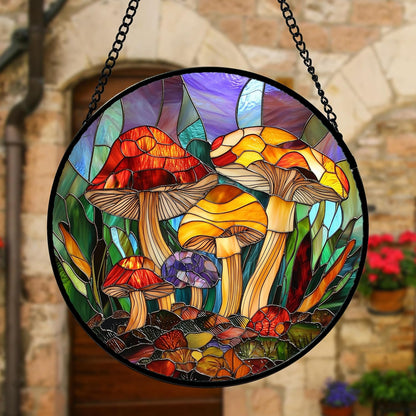 Stained Glass Window Hanging, Jungle Mushrooms Sun Catchers Diamond Glass Panel Hangings Plant Suncatcher Decor for Birthday for Women,Men, Wife, Aunt,and Mom 6.3X6.3 in