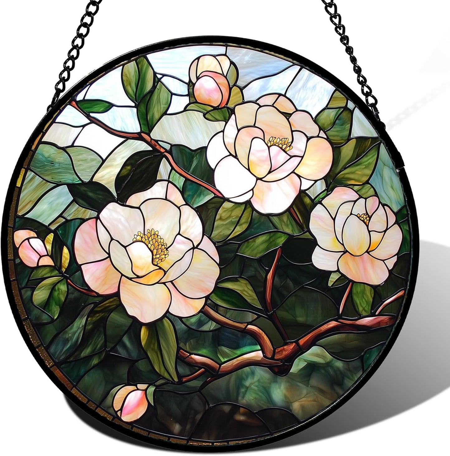 Stained Glass Suncatcher, Light Pink Flowers Green Leaf Sun Catcher Plant Stain Glass Window Hanging Decoration Mother's Day Birthday Gifts for Women Men Mom Nana 15 in