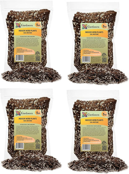 Gardenera Soil Mixture for Indoor Herb Planters - 10 Quart - Specially Blended Soil Mixture for Planting and Growing Indoor Kitchen Herbs Indoors (4 Bags of 5 Quart)