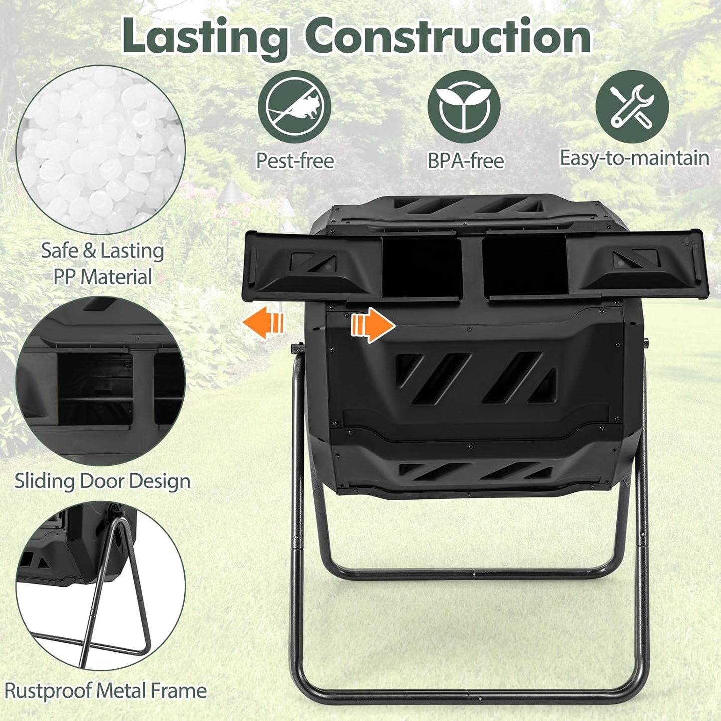 S AFSTAR Composter Tumbler Outdoor, 42-Gal Dual Chamber Tumbling Composter with 2 Sliding Doors, Metal Frame, BPA-Free Large Rotating Compost Bin Tumbler for Garden Yard Waste (Black)