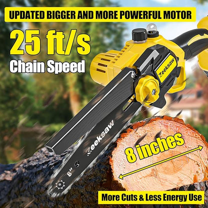 Mini Chain saw Cordless 8 inch Auto Oiler, Automatic Chain Tension, 21V MAX* Rechargeable Cordless Chainsaw with 2x2.0Ah Battery and Charger, Mini Chainsaw 8 inch Cordless Hand-Held Electric Chain Saw