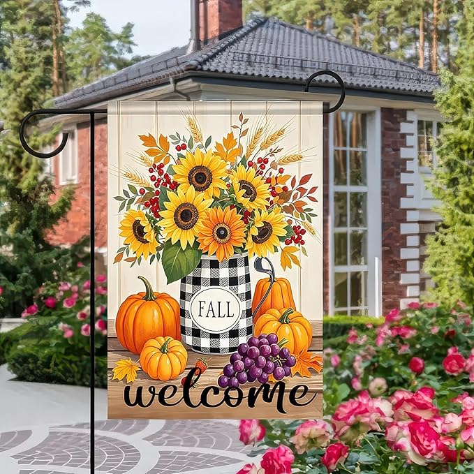 Garden Flags 12x18 Inch Fall Welcome Flag Double Sided Sunflower Pumpkin Grape Floral Outdoor Yard Banner for Porch Lawn Patio Autumn Harvest Decor Seasonal Thanksgiving Decoration
