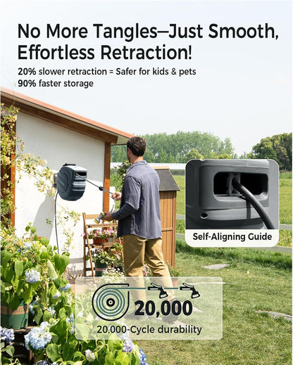 GLAHODEN Retractable Garden Hose Reel 1/2 in x 65 ft, 2025 Upgraded Dual Ratchet Lock UV & Freeze Protection Brass Seal Slow Retraction Anti-Tangle Hose 180°Swivel Reinforced Scaffold Wall Mount