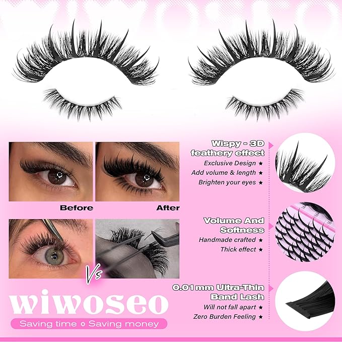 wiwoseo Spikes Lash Clusters with Bottom Lash Clusters Volume Individual Lashes Cluster Eyelash Extensions Wispy Eyelash Clusters Lash Spikes Manga Cluster Lashes with Spikes (5-21MM)